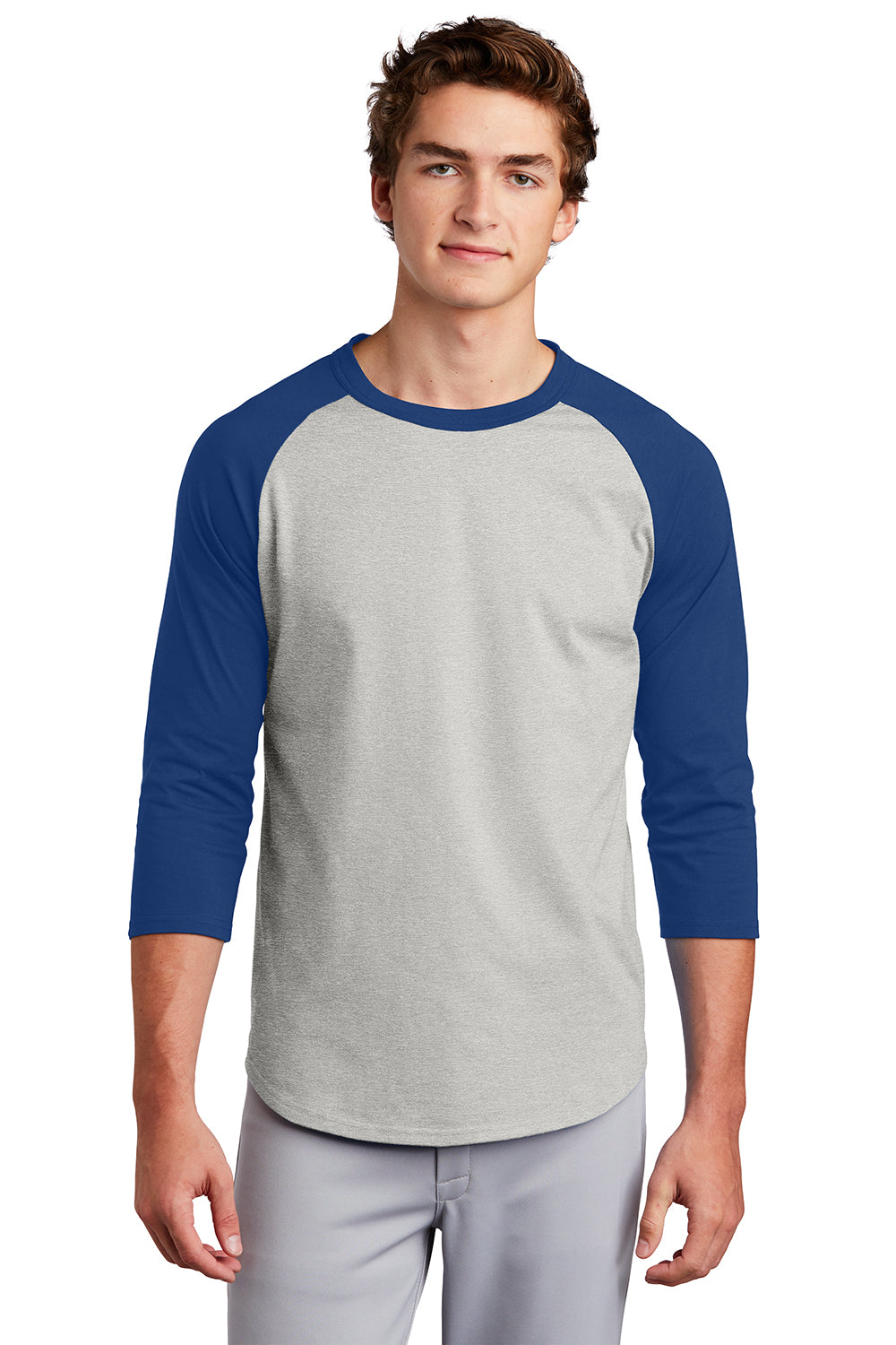 Sport-Tek T200 Mens 3/4 Sleeve Crewneck T-Shirt Heather Grey/Royal Blue Model Front