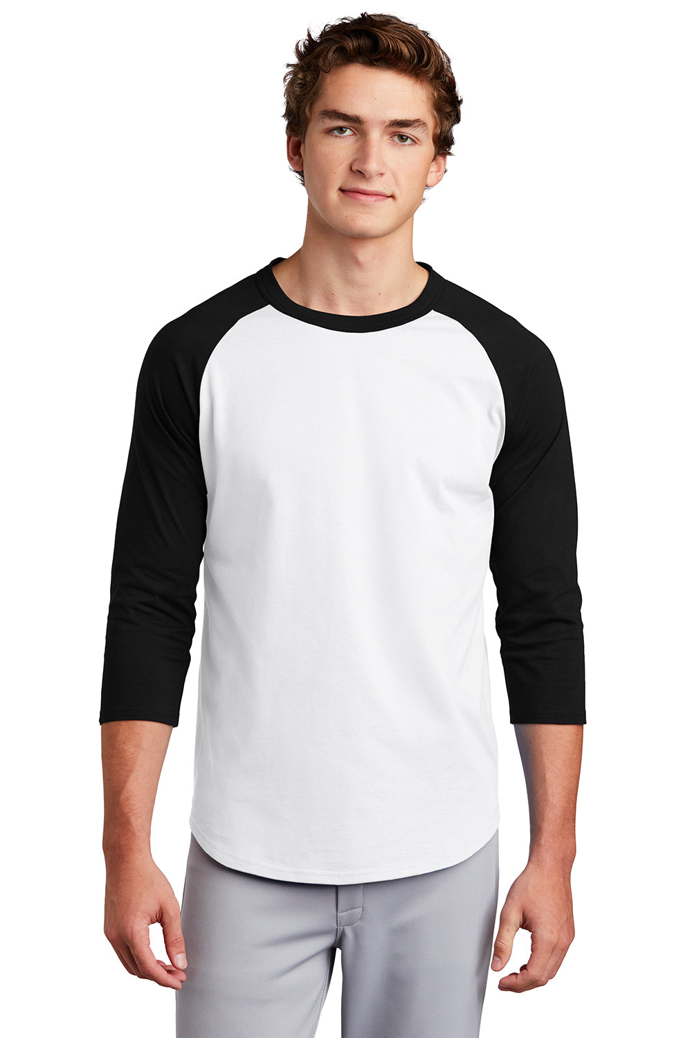 Sport-Tek T200 Mens 3/4 Sleeve Crewneck T-Shirt White/Black Model Front