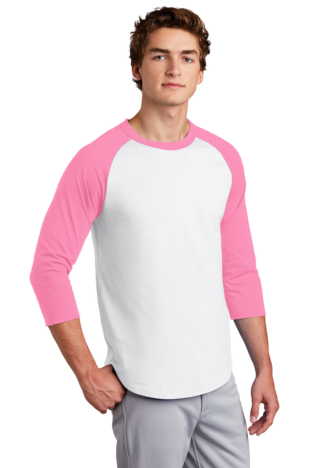 Sport-Tek T200 Mens 3/4 Sleeve Crewneck T-Shirt White/Bright Pink Model 3q