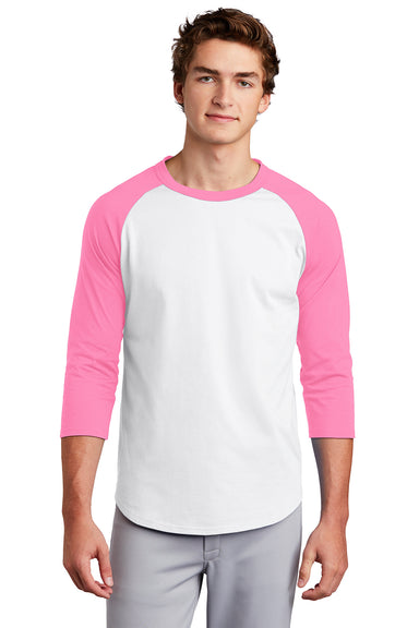 Sport-Tek T200 Mens 3/4 Sleeve Crewneck T-Shirt White/Bright Pink Model Front