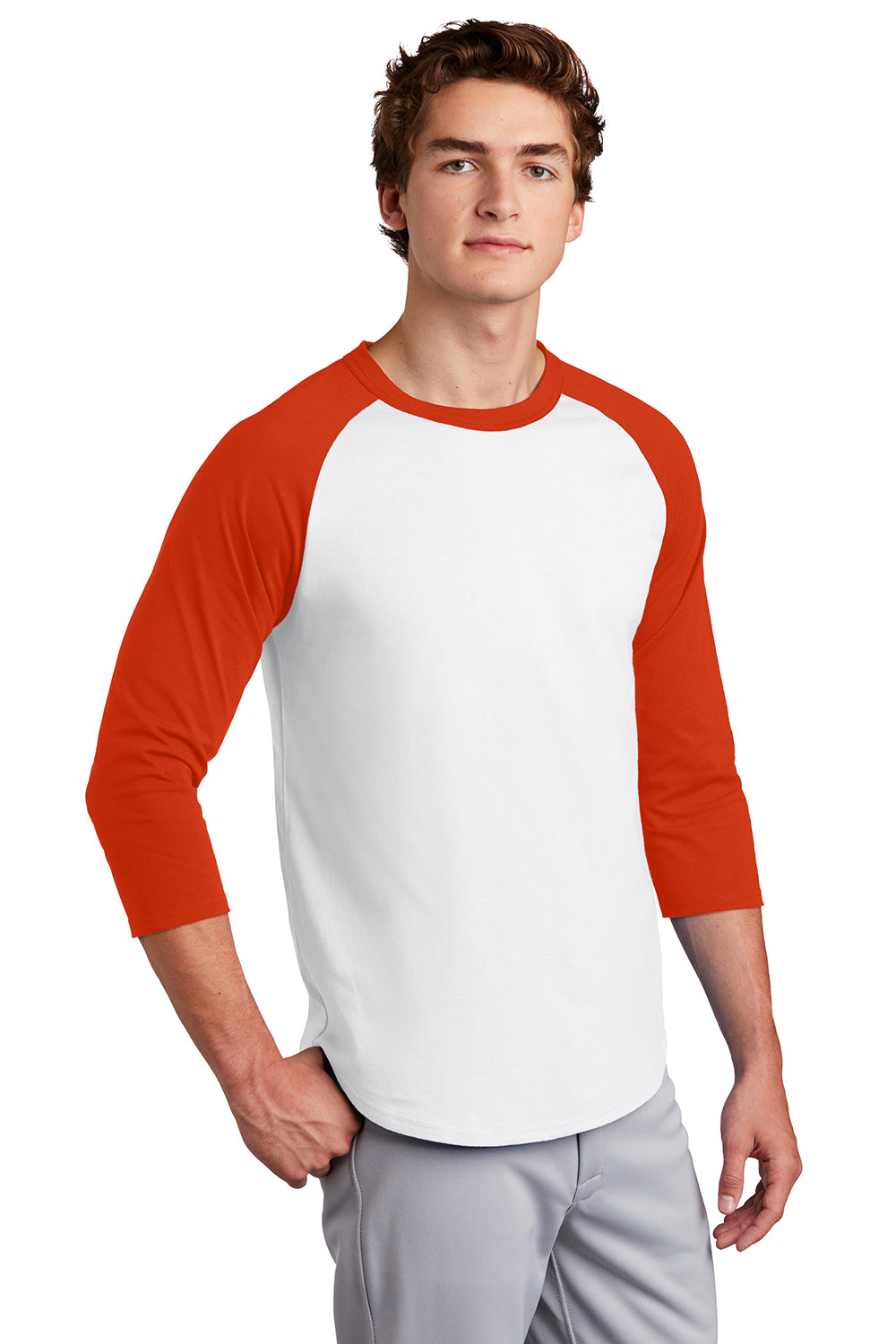 Sport-Tek T200 Mens 3/4 Sleeve Crewneck T-Shirt White/Deep Orange Model 3q