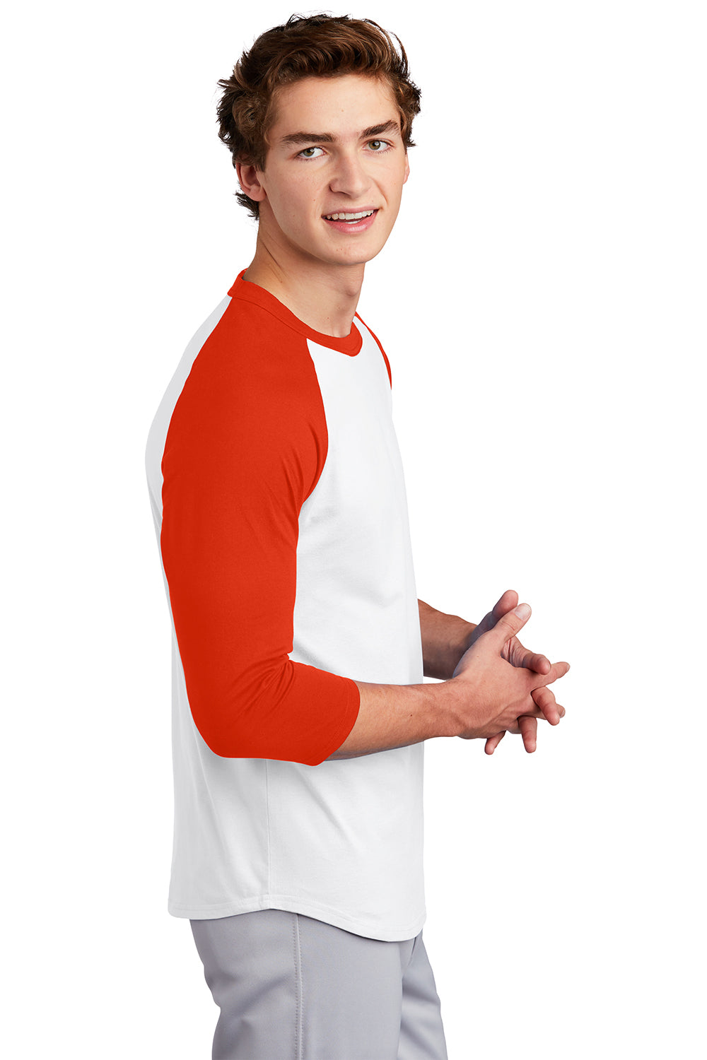 Sport-Tek T200 Mens 3/4 Sleeve Crewneck T-Shirt White/Deep Orange Model Side