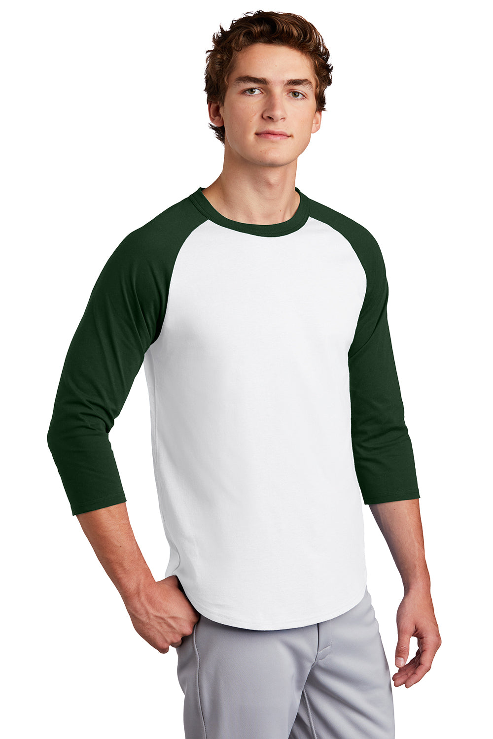 Sport-Tek T200 Mens 3/4 Sleeve Crewneck T-Shirt White/Forest Green Model 3q