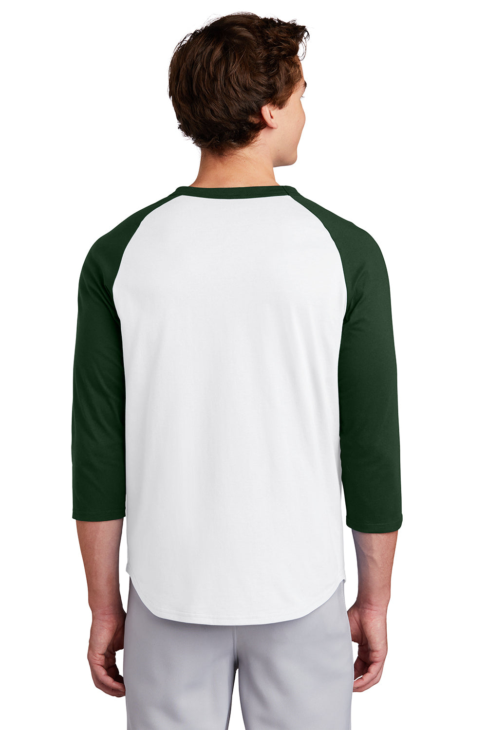 Sport-Tek T200 Mens 3/4 Sleeve Crewneck T-Shirt White/Forest Green Model Back