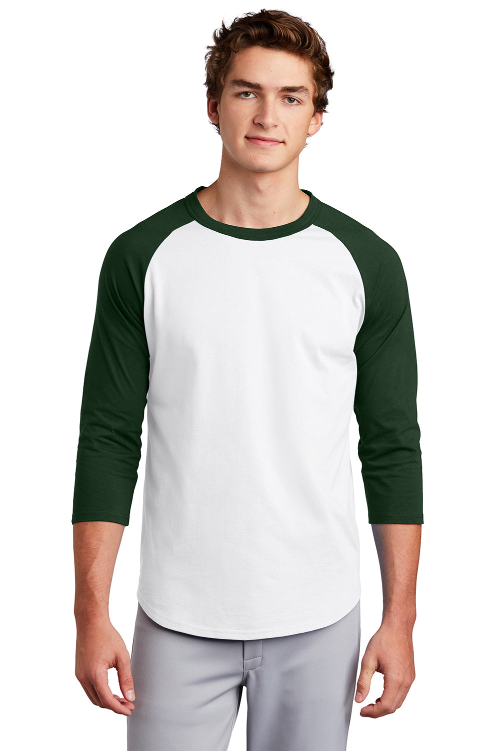 Sport-Tek T200 Mens 3/4 Sleeve Crewneck T-Shirt White/Forest Green Model Front