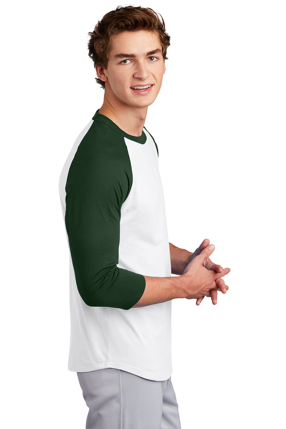 Sport-Tek T200 Mens 3/4 Sleeve Crewneck T-Shirt White/Forest Green Model Side