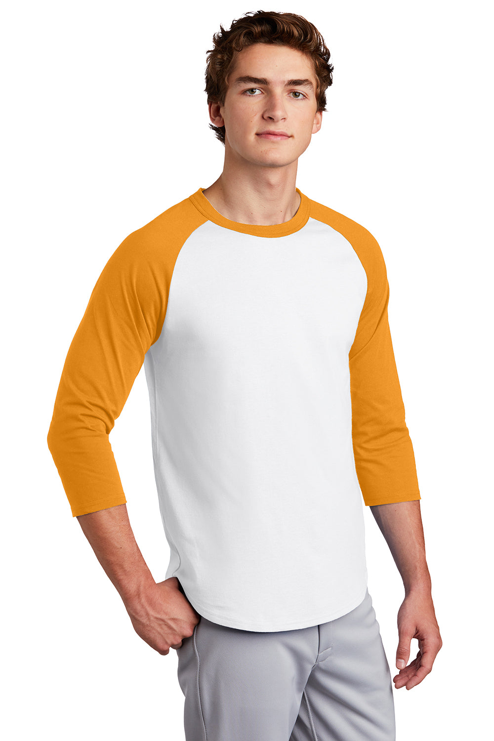 Sport-Tek T200 Mens 3/4 Sleeve Crewneck T-Shirt White/Gold Model 3q