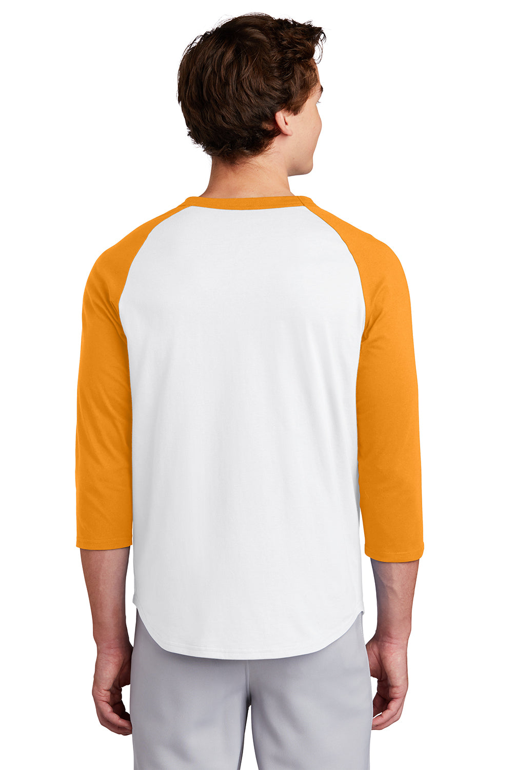 Sport-Tek T200 Mens 3/4 Sleeve Crewneck T-Shirt White/Gold Model Back