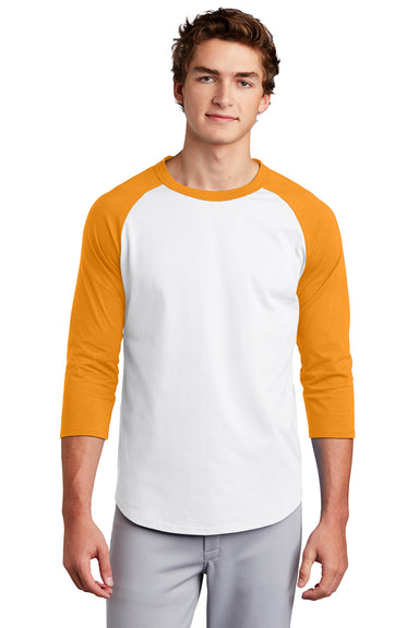 Sport-Tek T200 Mens 3/4 Sleeve Crewneck T-Shirt White/Gold Model Front