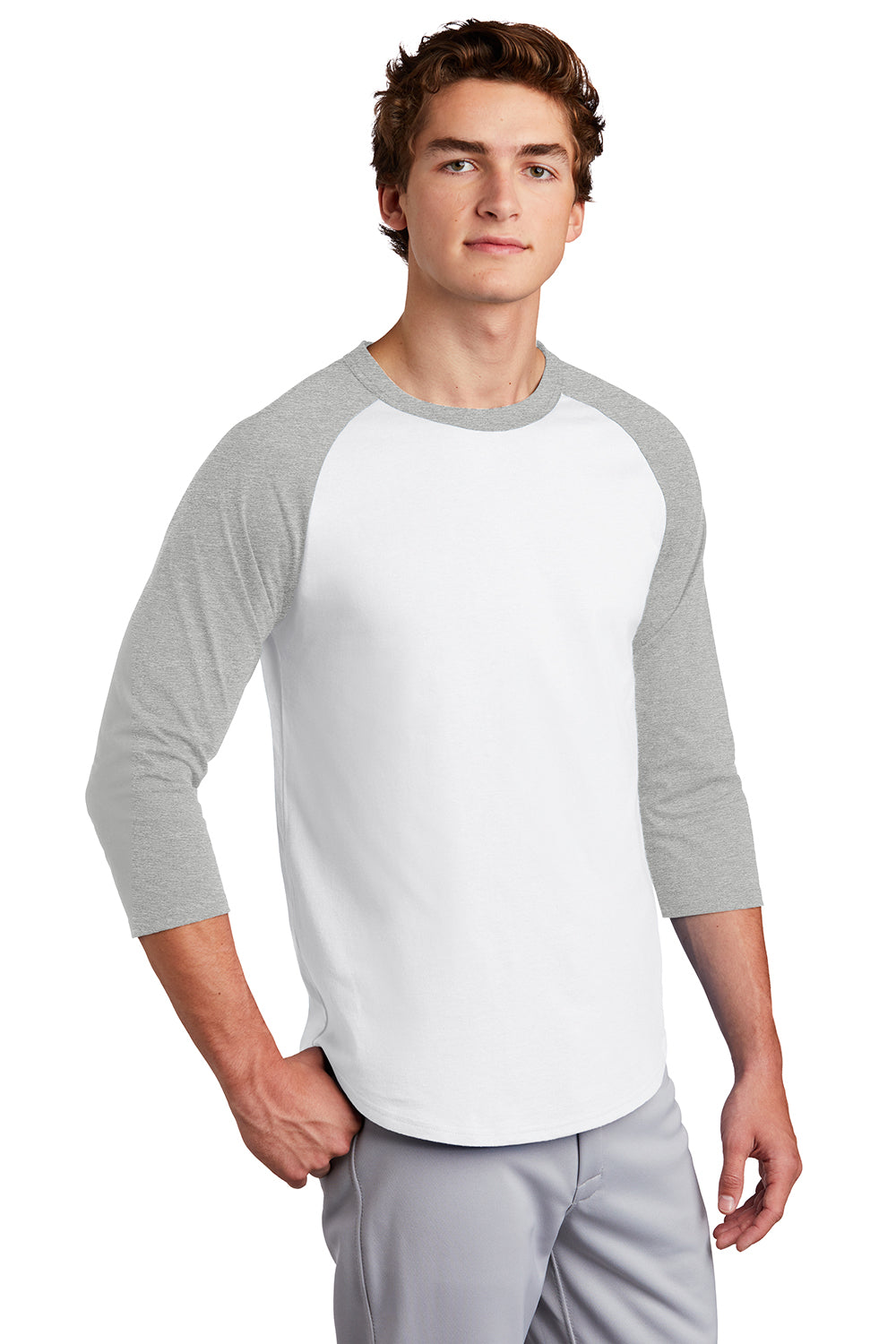 Sport-Tek T200 Mens 3/4 Sleeve Crewneck T-Shirt White/Heather Grey Model 3q