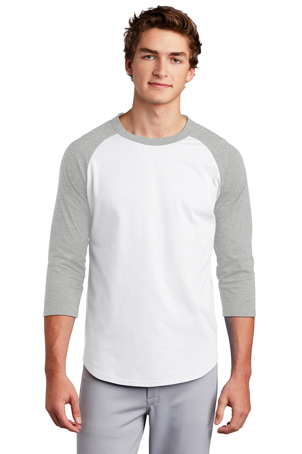 Sport-Tek T200 Mens 3/4 Sleeve Crewneck T-Shirt White/Heather Grey Model Front