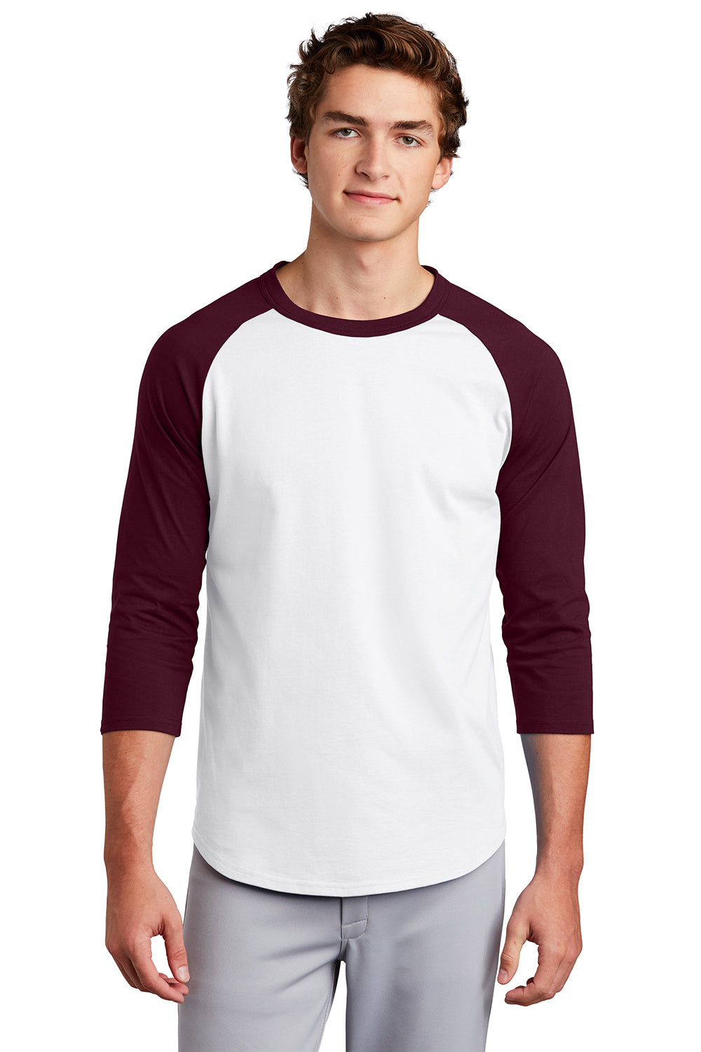 Sport-Tek T200 Mens 3/4 Sleeve Crewneck T-Shirt White/Maroon Model Front