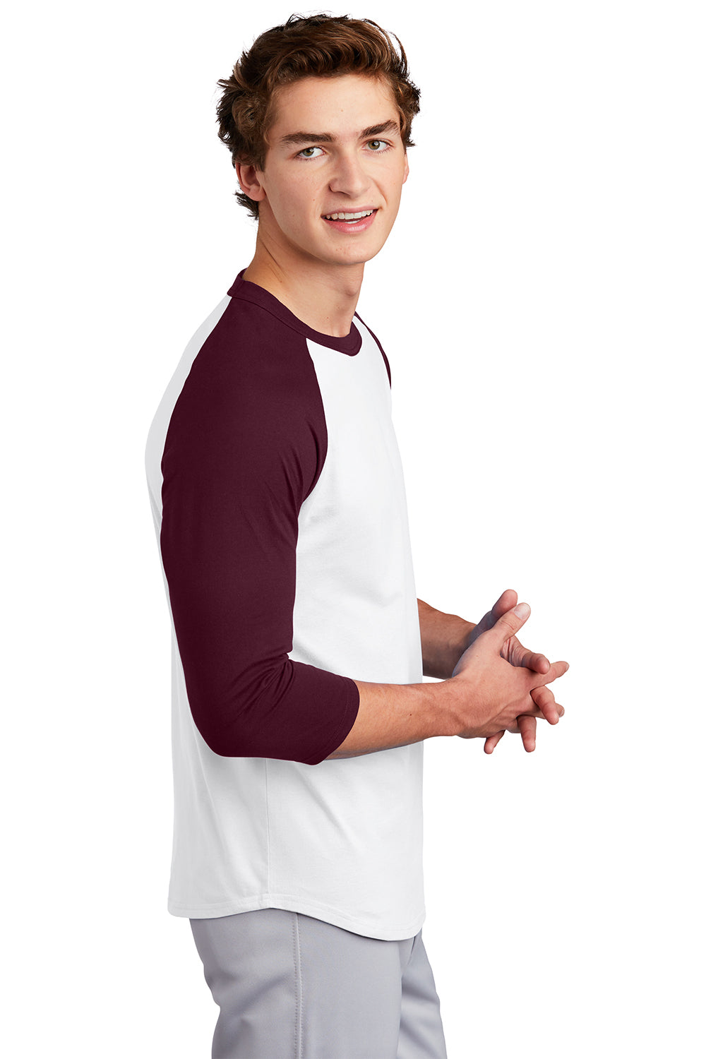 Sport-Tek T200 Mens 3/4 Sleeve Crewneck T-Shirt White/Maroon Model Side