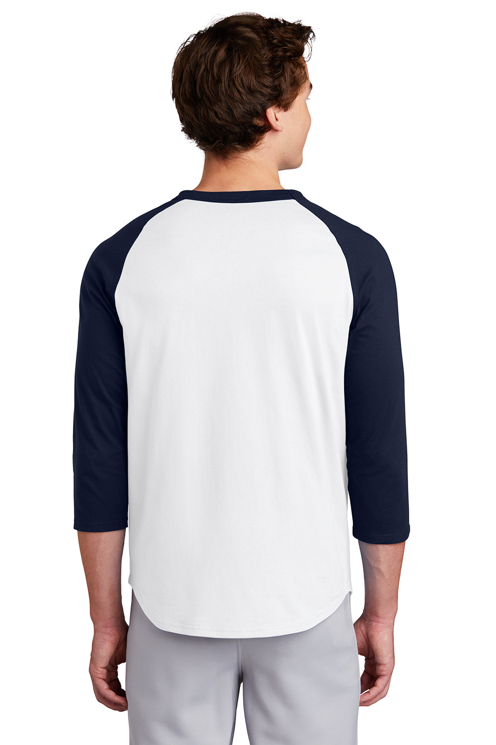 Sport-Tek T200 Mens 3/4 Sleeve Crewneck T-Shirt White/Navy Blue Model Back