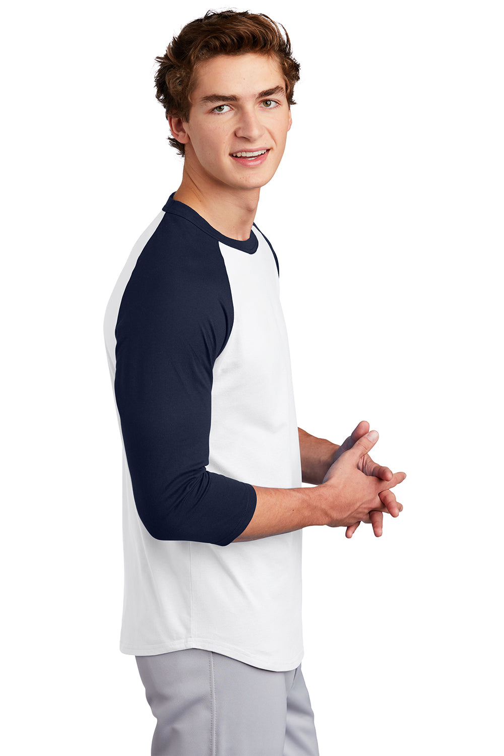 Sport-Tek T200 Mens 3/4 Sleeve Crewneck T-Shirt White/Navy Blue Model Side