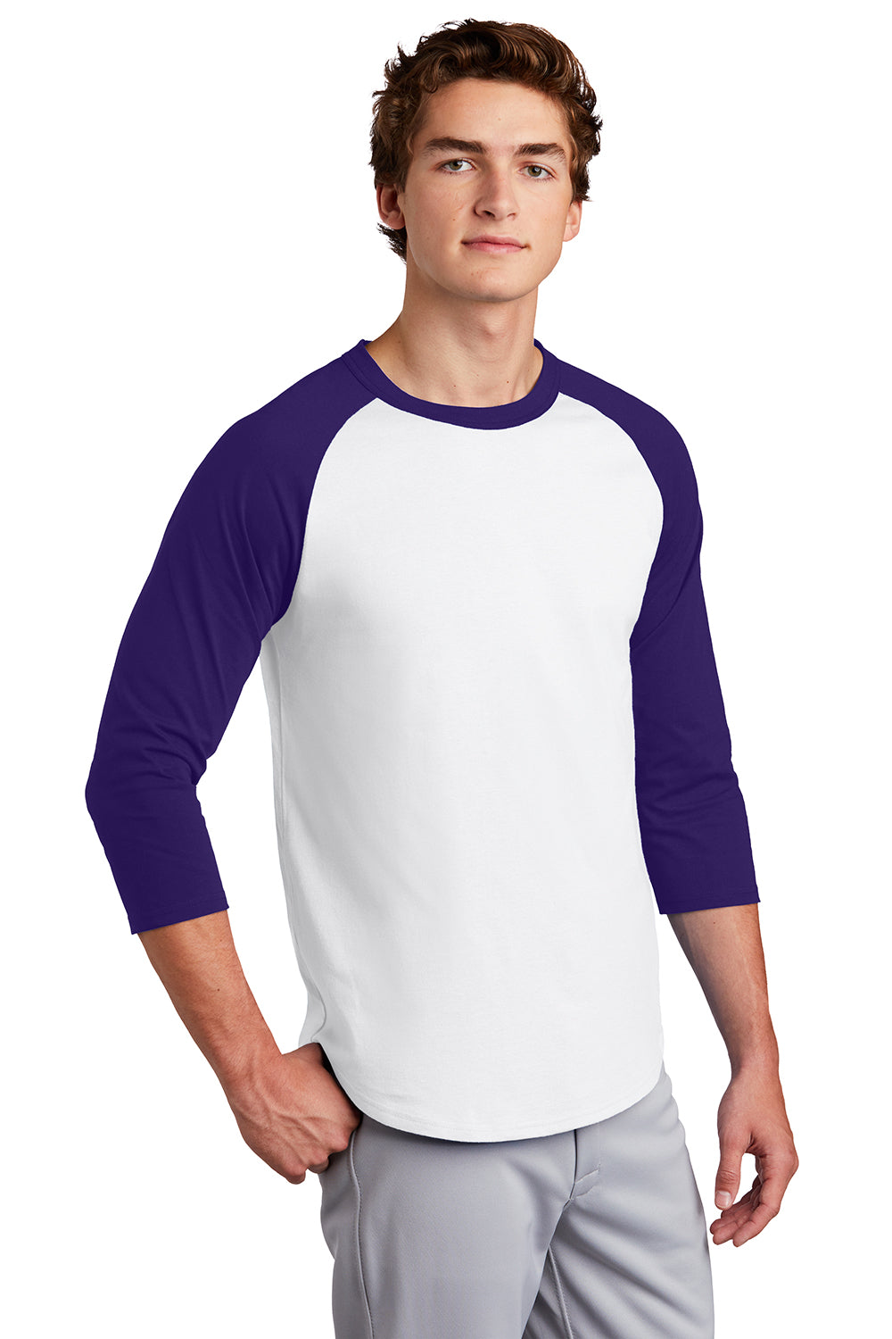 Sport-Tek T200 Mens 3/4 Sleeve Crewneck T-Shirt White/Purple Model 3q