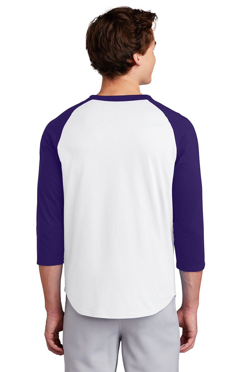 Sport-Tek T200 Mens 3/4 Sleeve Crewneck T-Shirt White/Purple Model Back