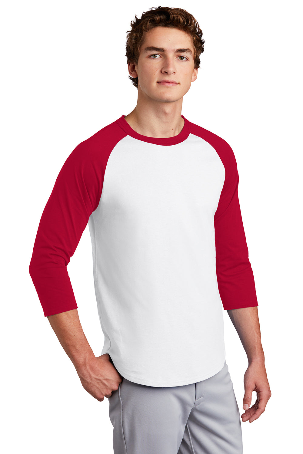 Sport-Tek T200 Mens 3/4 Sleeve Crewneck T-Shirt White/Red Model 3q