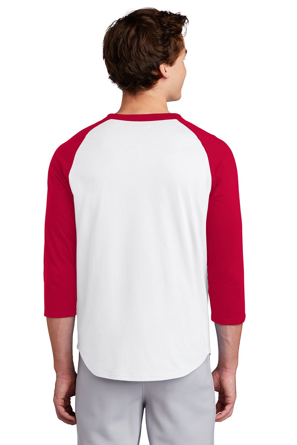 Sport-Tek T200 Mens 3/4 Sleeve Crewneck T-Shirt White/Red Model Back