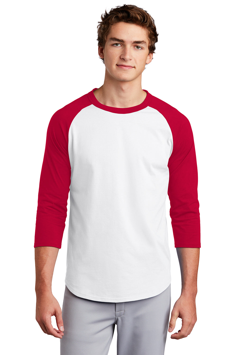 Sport-Tek T200 Mens 3/4 Sleeve Crewneck T-Shirt White/Red Model Front