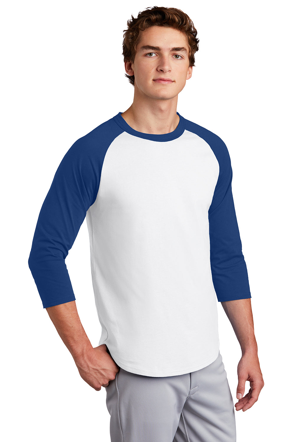 Sport-Tek T200 Mens 3/4 Sleeve Crewneck T-Shirt White/Royal Blue Model 3q