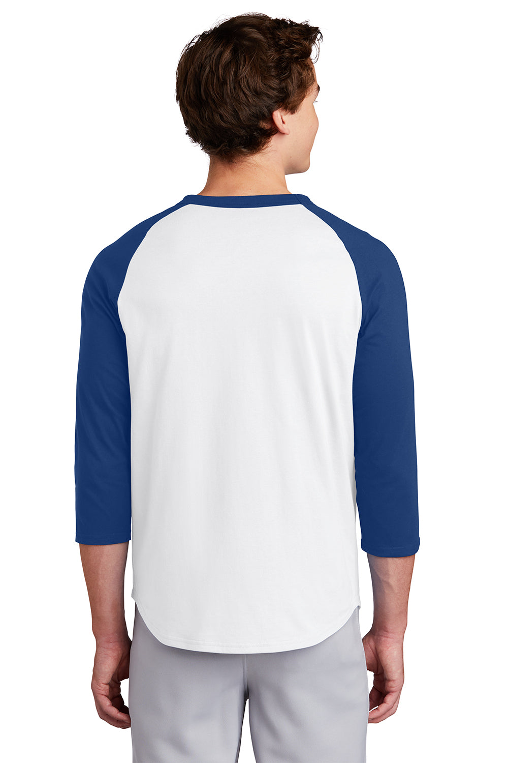 Sport-Tek T200 Mens 3/4 Sleeve Crewneck T-Shirt White/Royal Blue Model Back