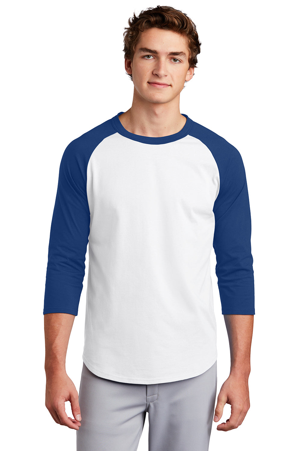 Sport-Tek T200 Mens 3/4 Sleeve Crewneck T-Shirt White/Royal Blue Model Front