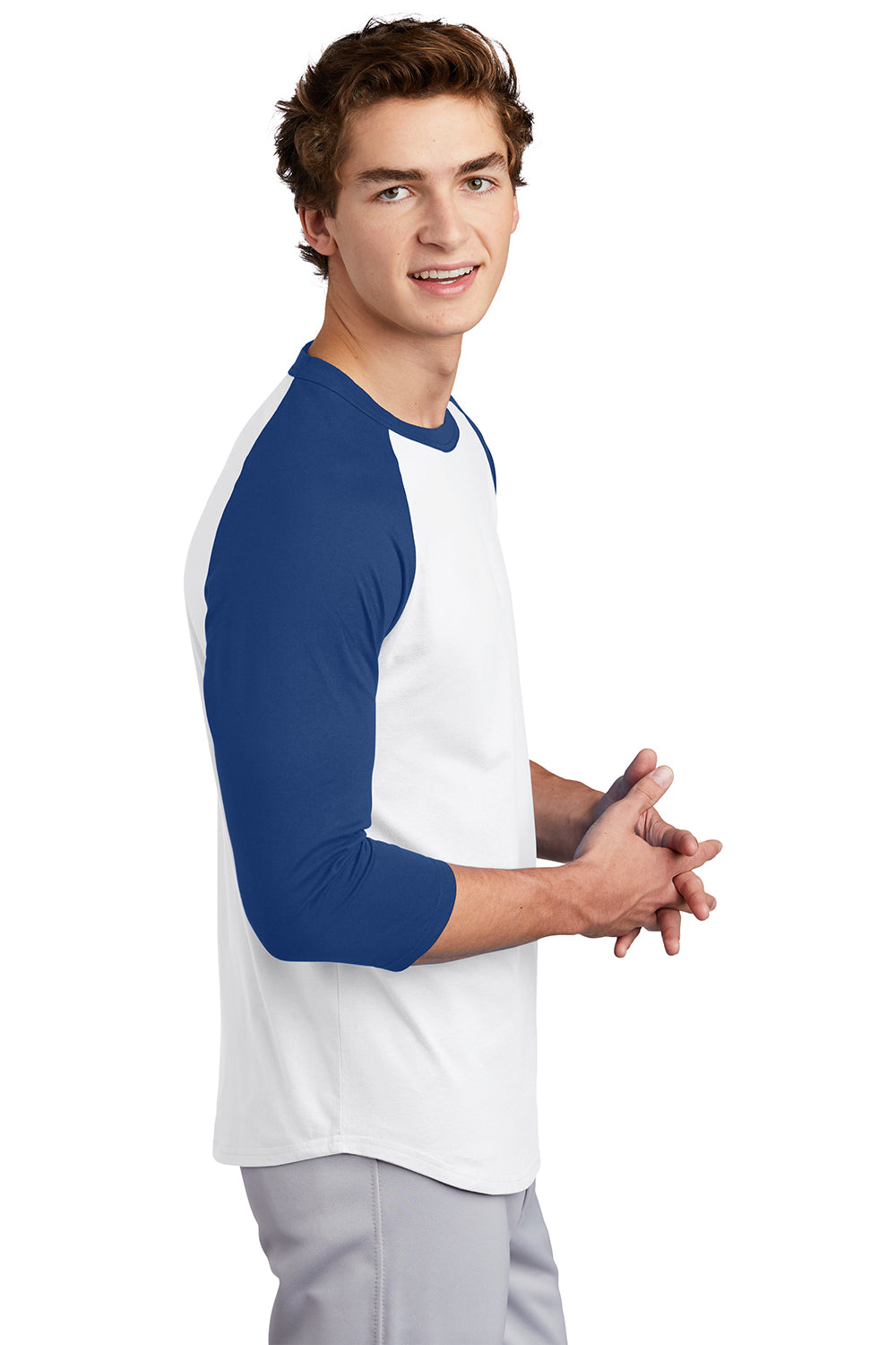 Sport-Tek T200 Mens 3/4 Sleeve Crewneck T-Shirt White/Royal Blue Model Side