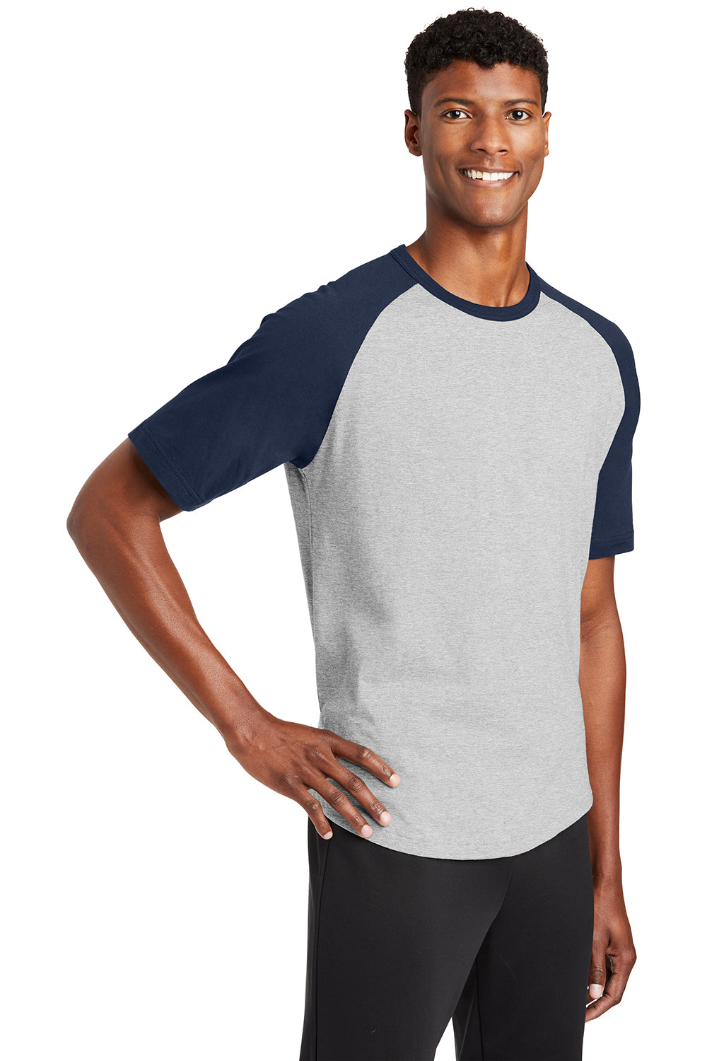 Sport-Tek T201 Mens Short Sleeve Crewneck T-Shirt Heather Grey/Navy Blue Model 3q