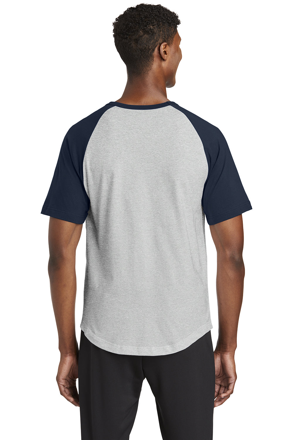 Sport-Tek T201 Mens Short Sleeve Crewneck T-Shirt Heather Grey/Navy Blue Model Back