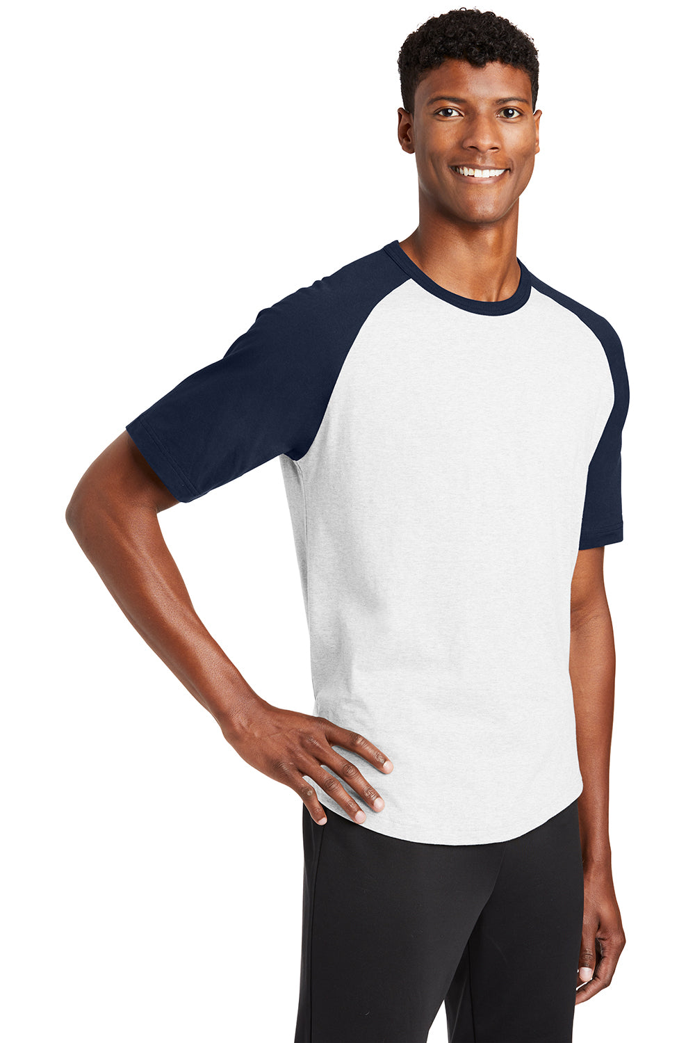 Sport-Tek T201 Mens Short Sleeve Crewneck T-Shirt White/Navy Blue Model 3q