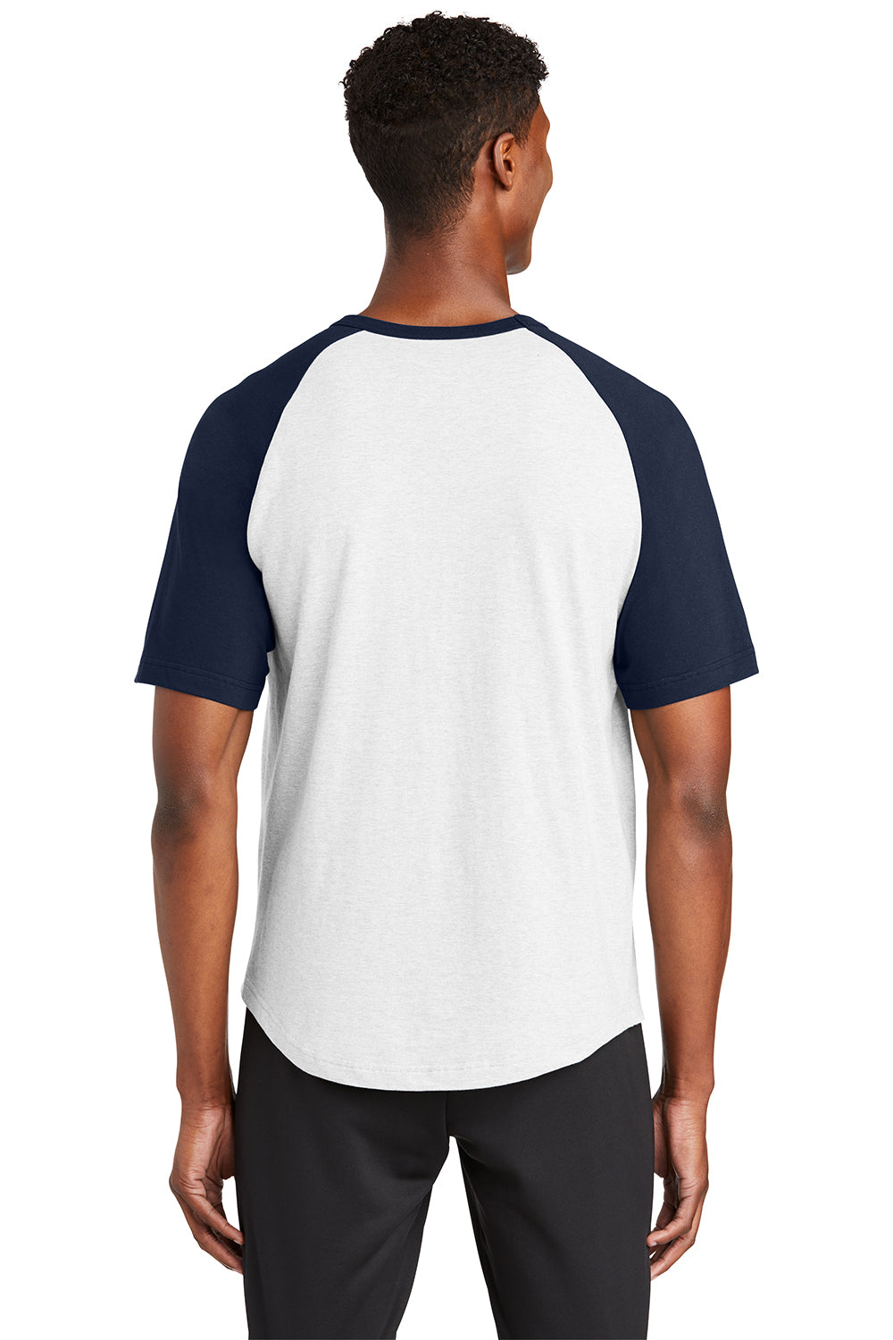 Sport-Tek T201 Mens Short Sleeve Crewneck T-Shirt White/Navy Blue Model Back