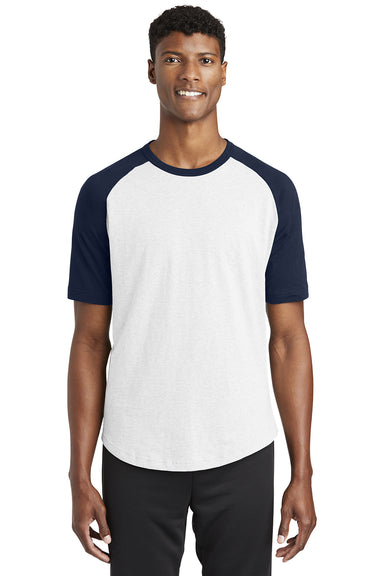 Sport-Tek T201 Mens Short Sleeve Crewneck T-Shirt White/Navy Blue Model Front