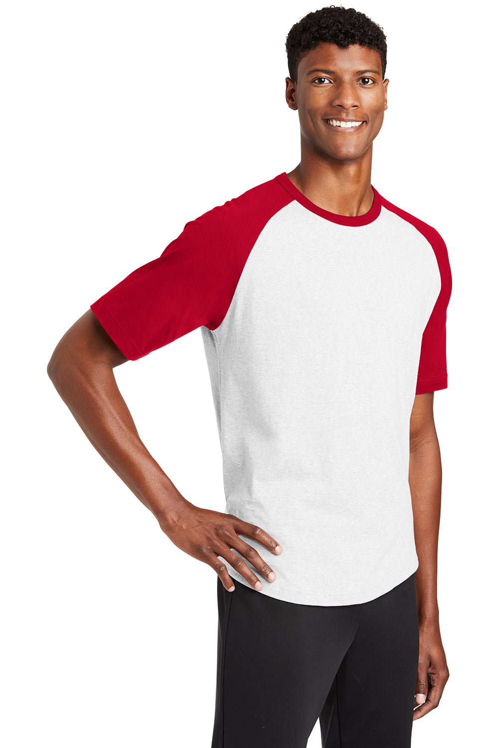 Sport-Tek T201 Mens Short Sleeve Crewneck T-Shirt White/Red Model 3q