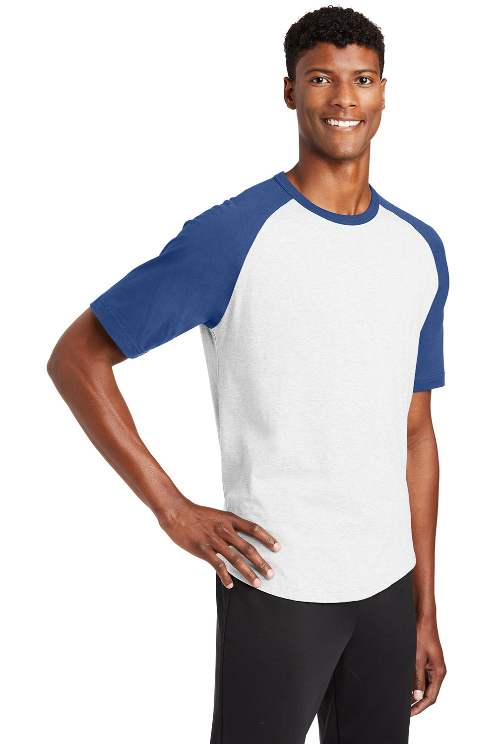 Sport-Tek T201 Mens Short Sleeve Crewneck T-Shirt White/Royal Blue Model 3q