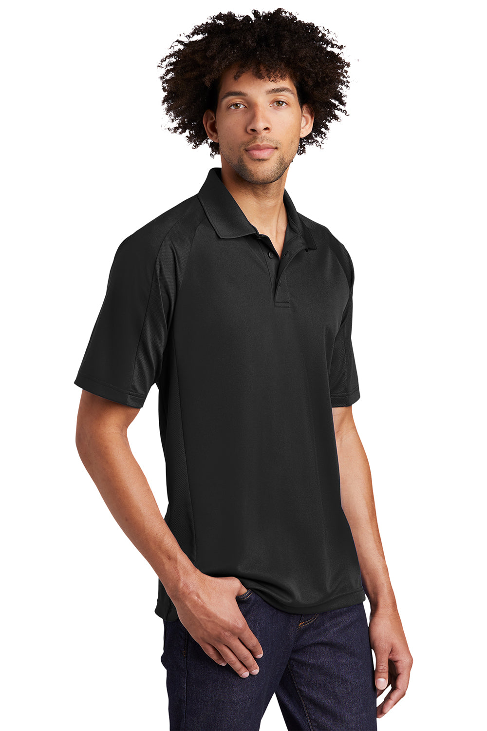 Sport-Tek T474 Mens Dri-Mesh Moisture Wicking Short Sleeve Polo Shirt Black Model 3q