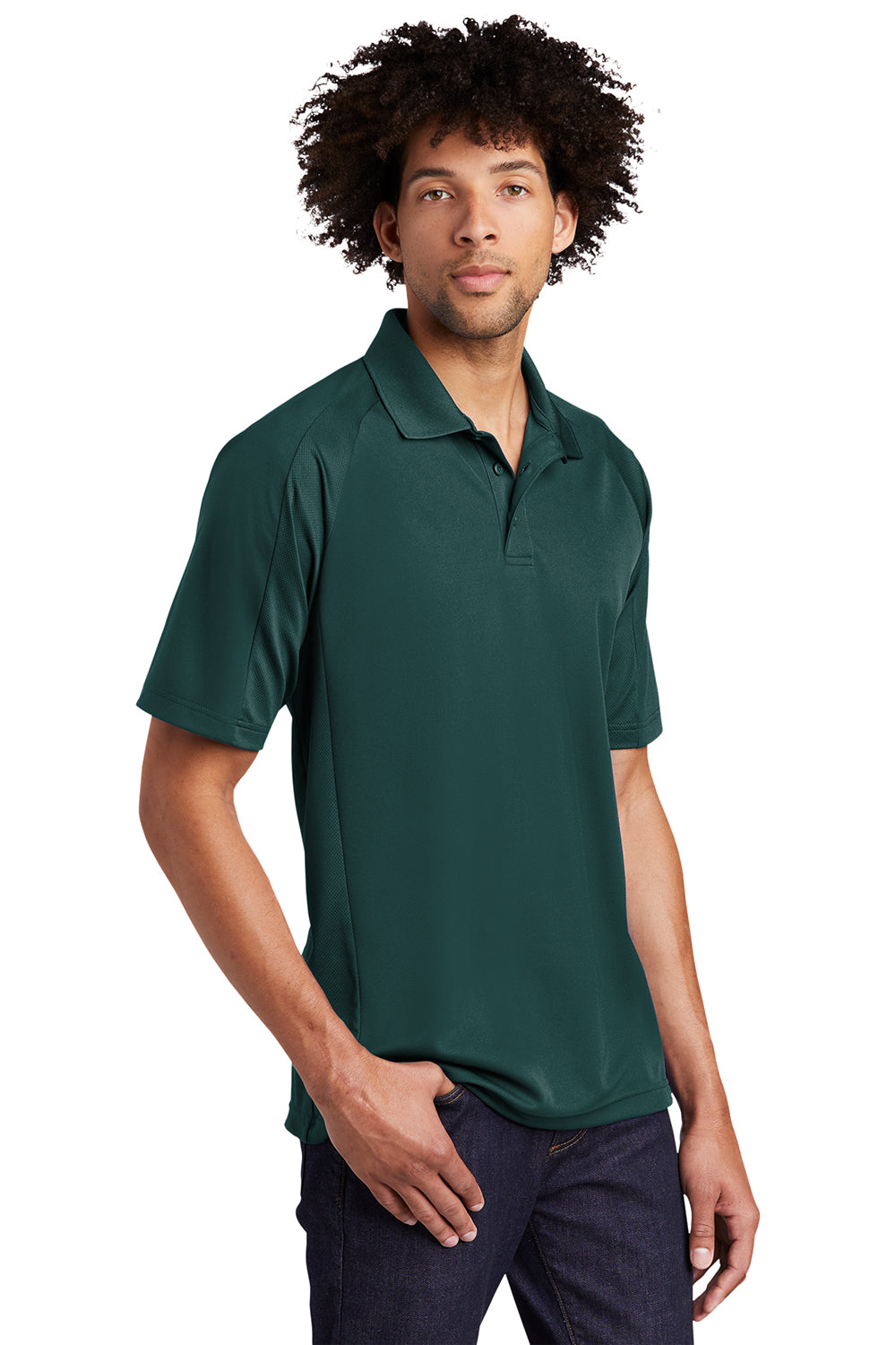 Sport-Tek T474 Mens Dri-Mesh Moisture Wicking Short Sleeve Polo Shirt Dark Green Model 3q