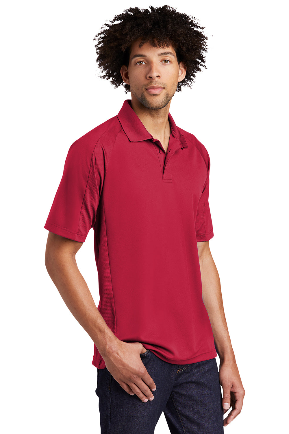 Sport-Tek T474 Mens Dri-Mesh Moisture Wicking Short Sleeve Polo Shirt Engine Red Model 3q