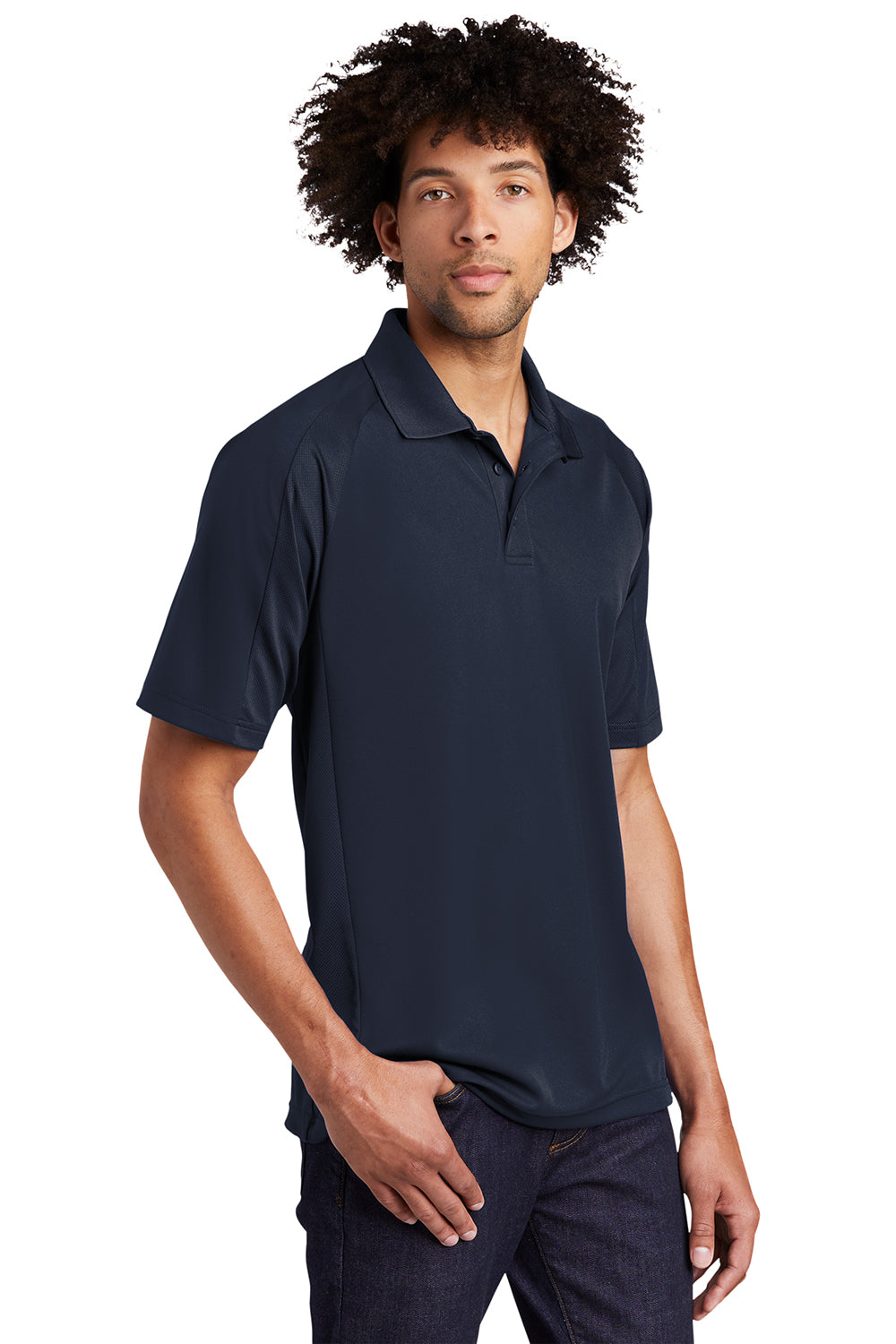 Sport-Tek T474 Mens Dri-Mesh Moisture Wicking Short Sleeve Polo Shirt Navy Blue Model 3q