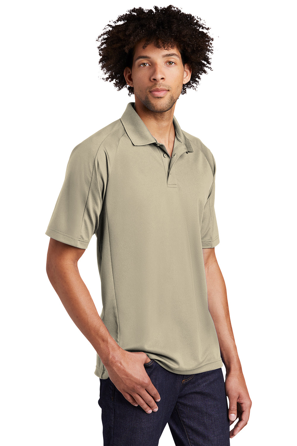 Sport-Tek T474 Mens Dri-Mesh Moisture Wicking Short Sleeve Polo Shirt Sandstone Model 3q