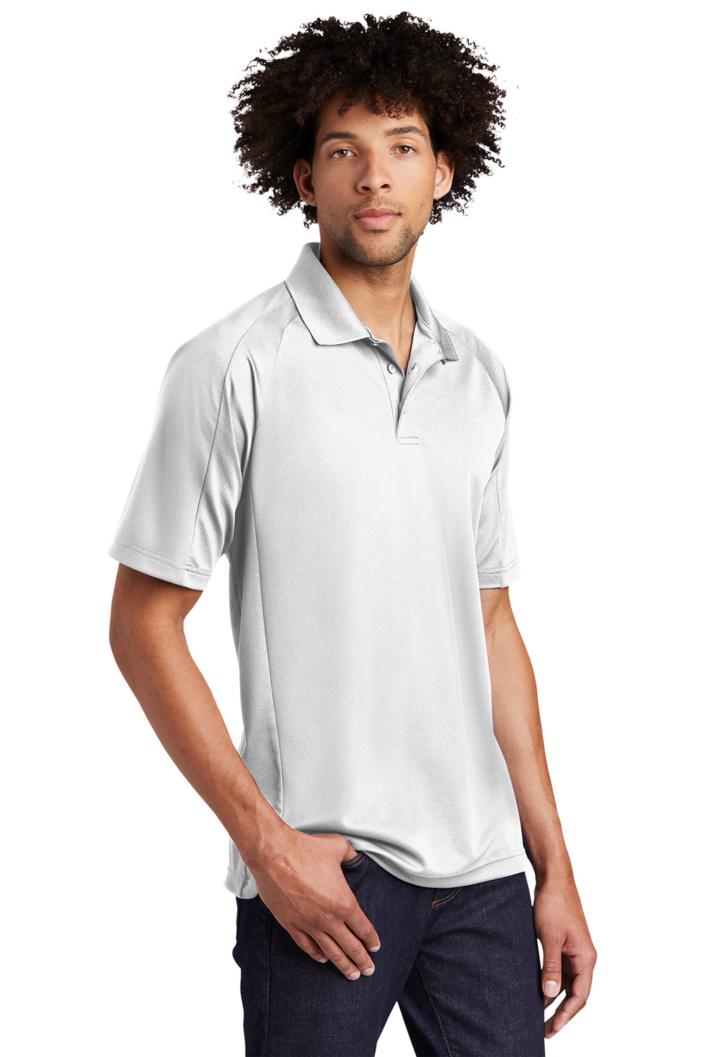 Sport-Tek T474 Mens Dri-Mesh Moisture Wicking Short Sleeve Polo Shirt White Model 3q