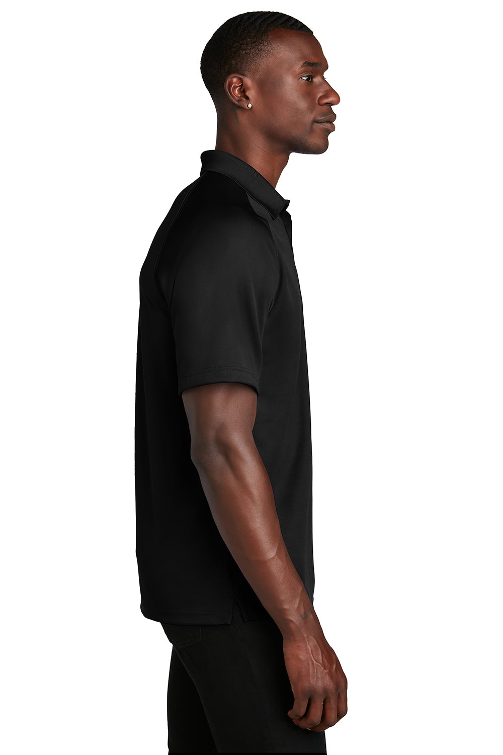 Sport-Tek T475 Mens Dry Zone Moisture Wicking Short Sleeve Polo Shirt Black Model Side