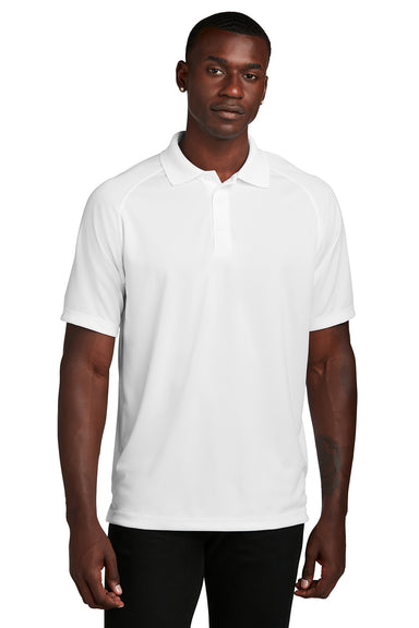 Sport-Tek T475 Mens Dry Zone Moisture Wicking Short Sleeve Polo Shirt White Model Front