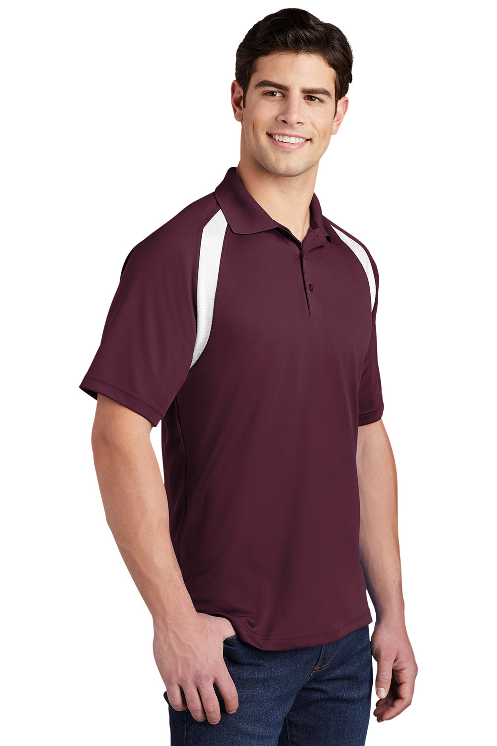 Sport-Tek T476 Mens Dry Zone Moisture Wicking Short Sleeve Polo Shirt Maroon/White Model 3q