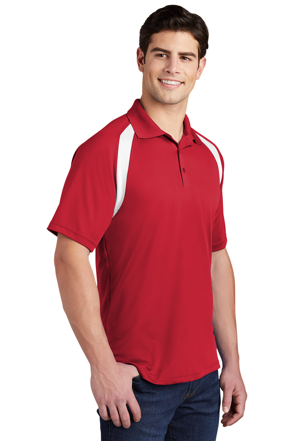 Sport-Tek T476 Mens Dry Zone Moisture Wicking Short Sleeve Polo Shirt True Red/White Model 3q