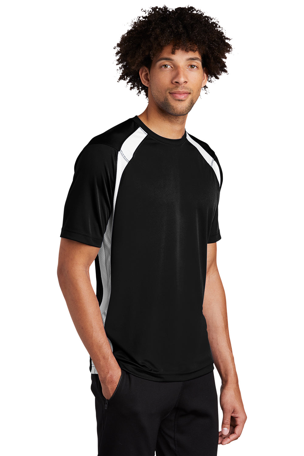 Sport-Tek T478 Mens Dry Zone Moisture Wicking Short Sleeve Crewneck T-Shirt Black/White Model 3q