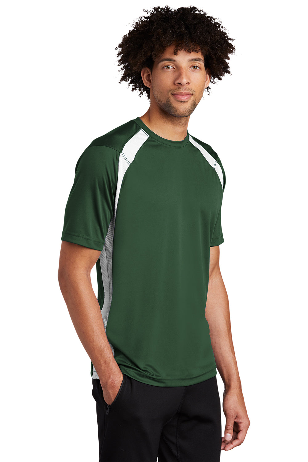 Sport-Tek T478 Mens Dry Zone Moisture Wicking Short Sleeve Crewneck T-Shirt Forest Green/White Model 3q