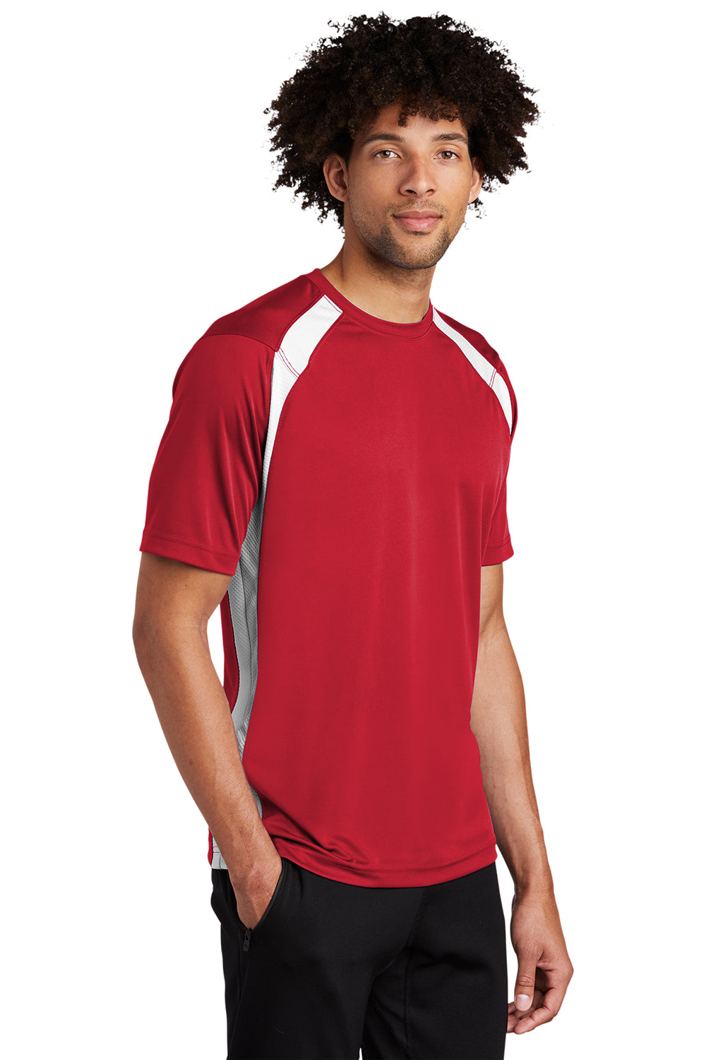 Sport-Tek T478 Mens Dry Zone Moisture Wicking Short Sleeve Crewneck T-Shirt True Red/White Model 3q