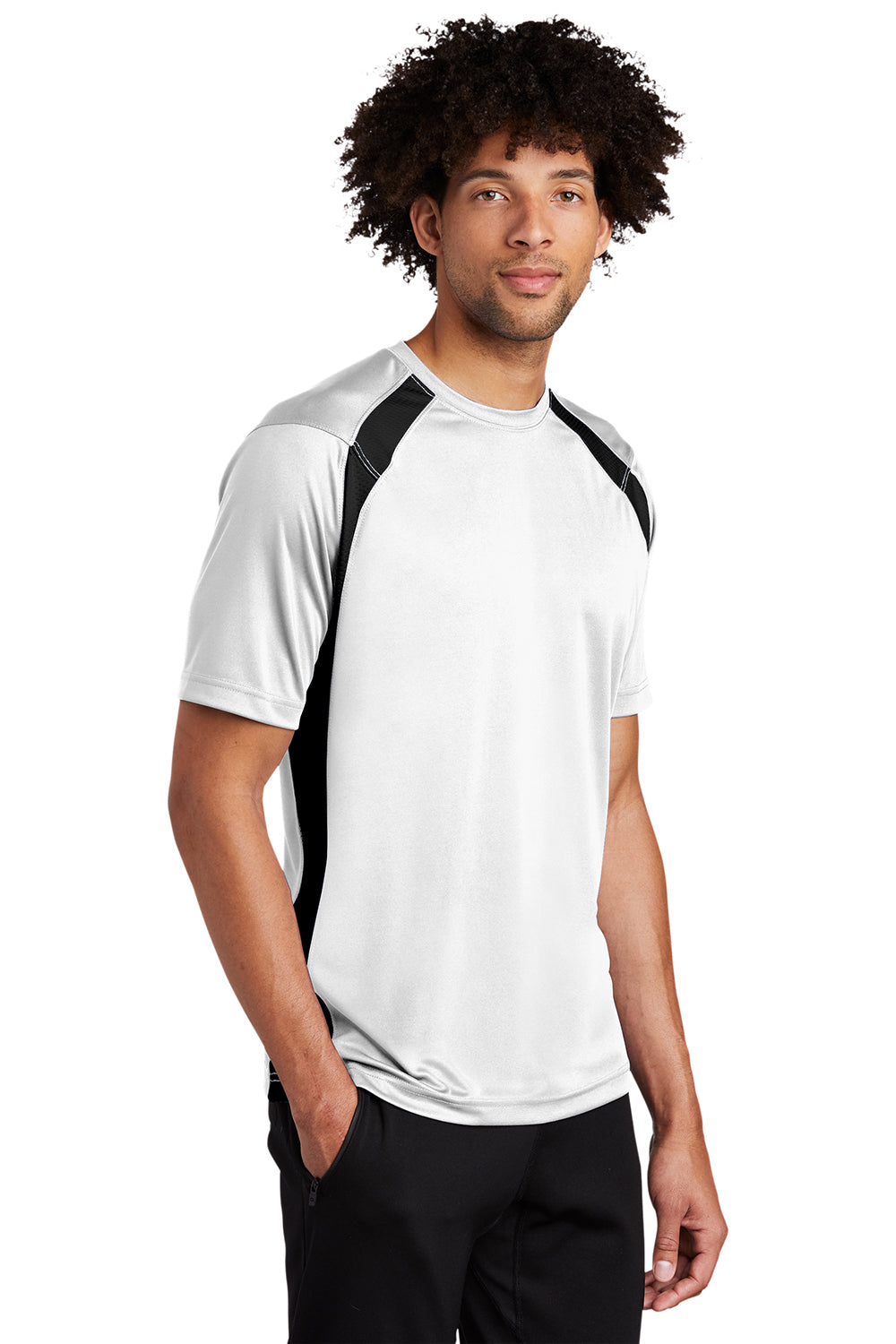 Sport-Tek T478 Mens Dry Zone Moisture Wicking Short Sleeve Crewneck T-Shirt White/Black Model 3q