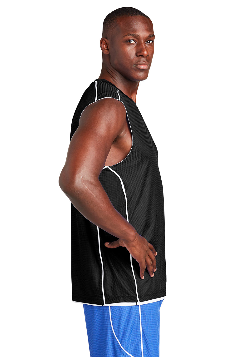 Sport-Tek T555 Mens Moisture Wicking Mesh Reversible Tank Top Black Model Side